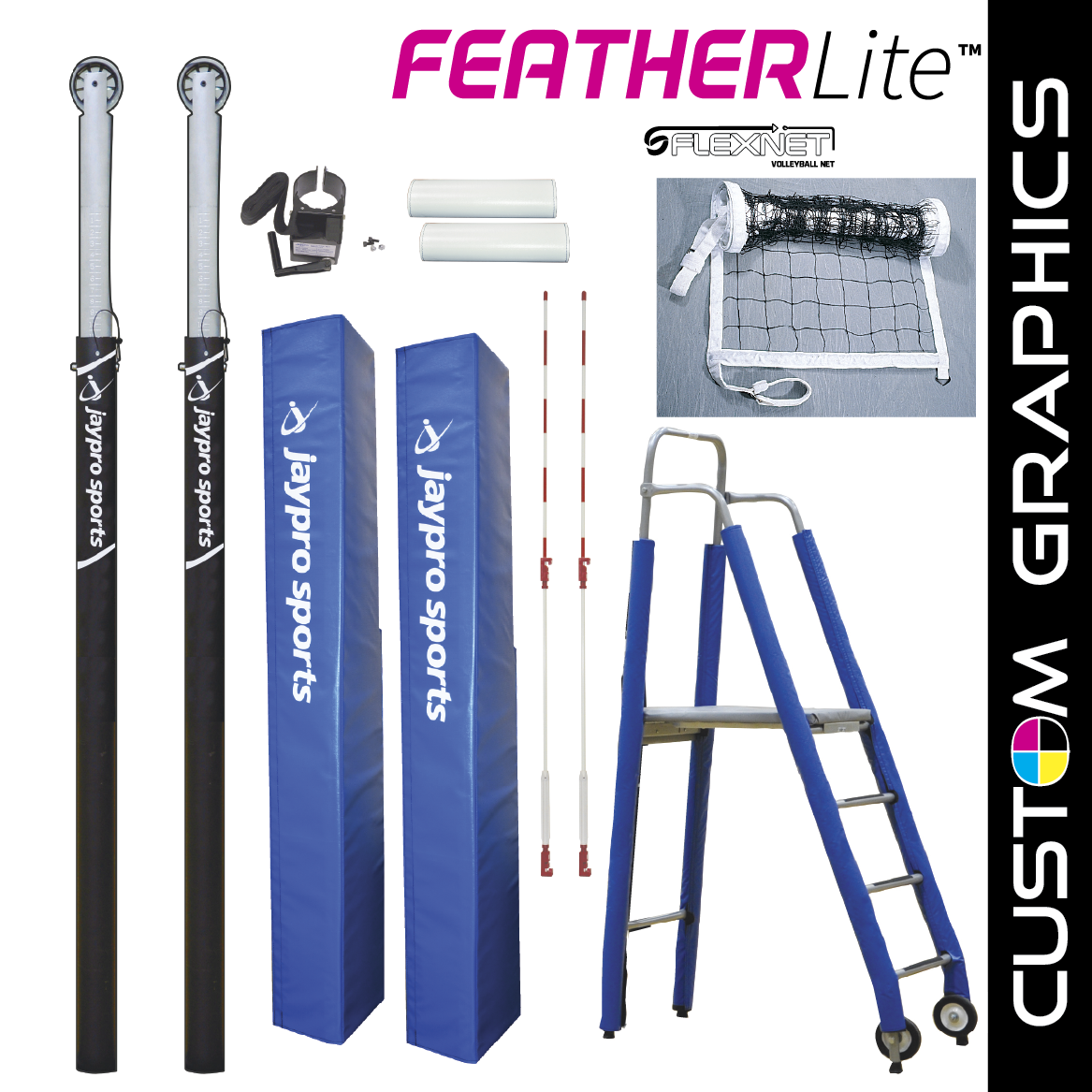 Jaypro FeatherLite  Volleyball System Deluxe Package with Custom Graphics  (3-1/2 in. Floor Sleeve)  - NFHS, NCAA, USVBA Compliant Jaypro