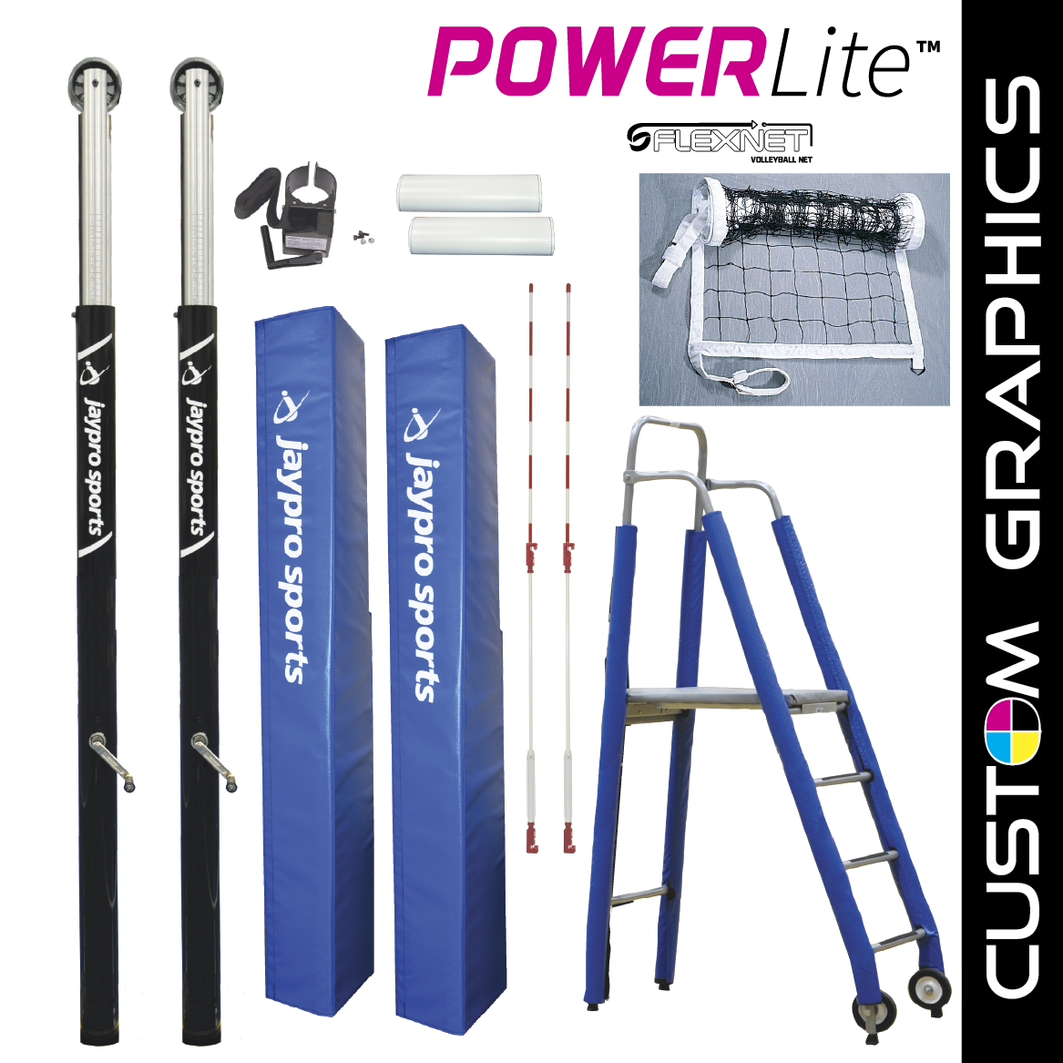 Jaypro PowerLite  Volleyball System Deluxe Package with Custom Graphics  (3-1/2 in. Floor Sleeve) - NFHS, NCAA, USVBA Compliant Jaypro