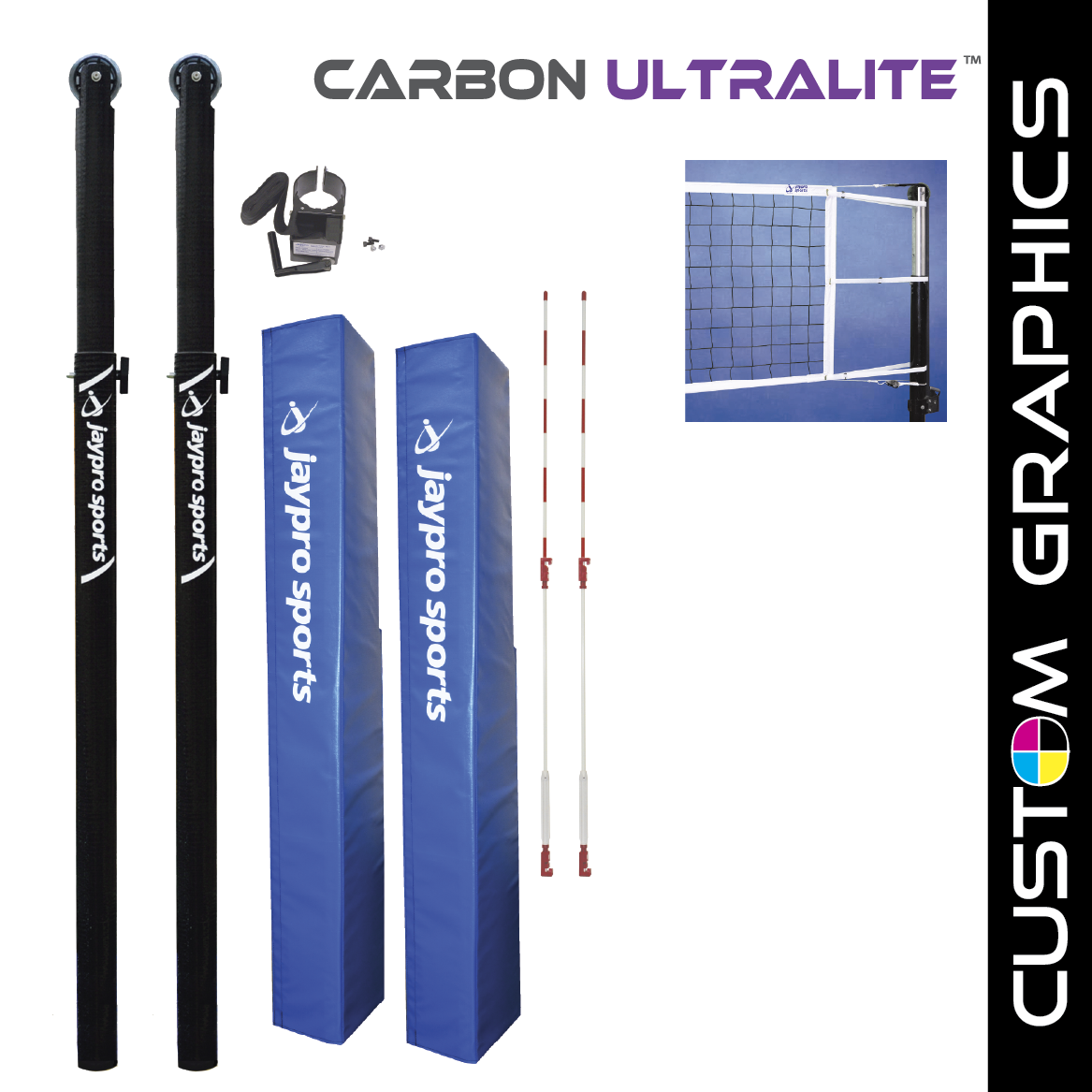 Jaypro Carbon Ultralite Volleyball System with Custom Graphics (3 in. Floor Sleeve) - NFHS, NCAA, USVBA Compliant Jaypro