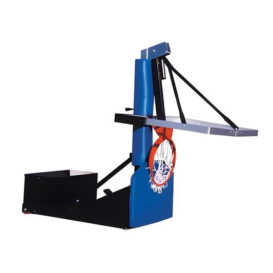 FIRST TEAM Portable Basketball Hoop with blue padded pole and sturdy base for easy transport