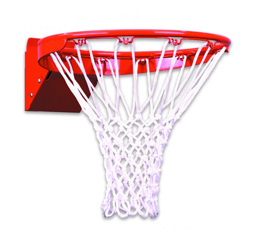 Ironclad red basketball rim with white net mounted on wall for indoor or outdoor use