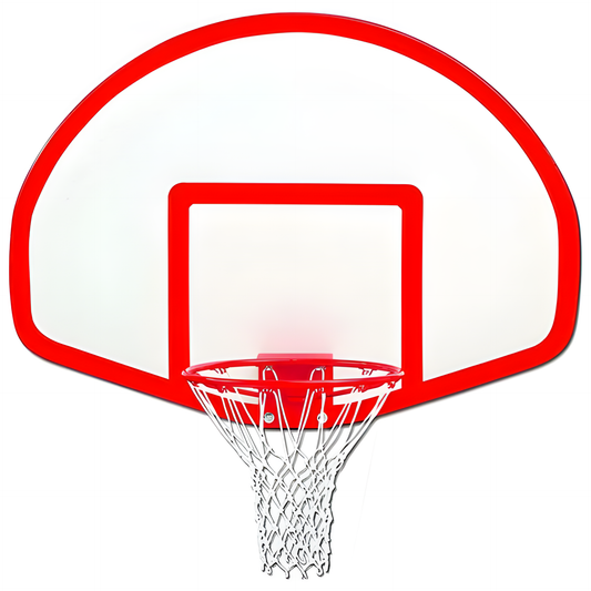 Gared basketball backboard with red outline and attached metal hoop with net