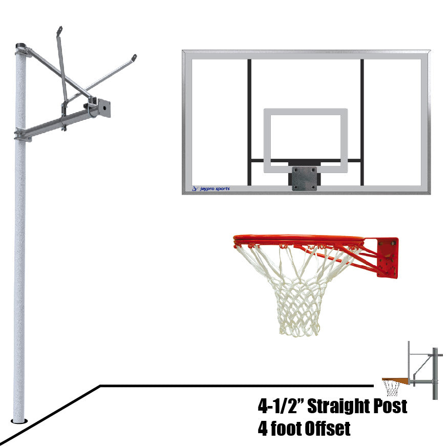 Jaypro Basketball System - Straight Post (4-1/2 in. Pole with 4 ft. Offset) - 72 in. Acrylic Backboard - Double Rim Goal Jaypro