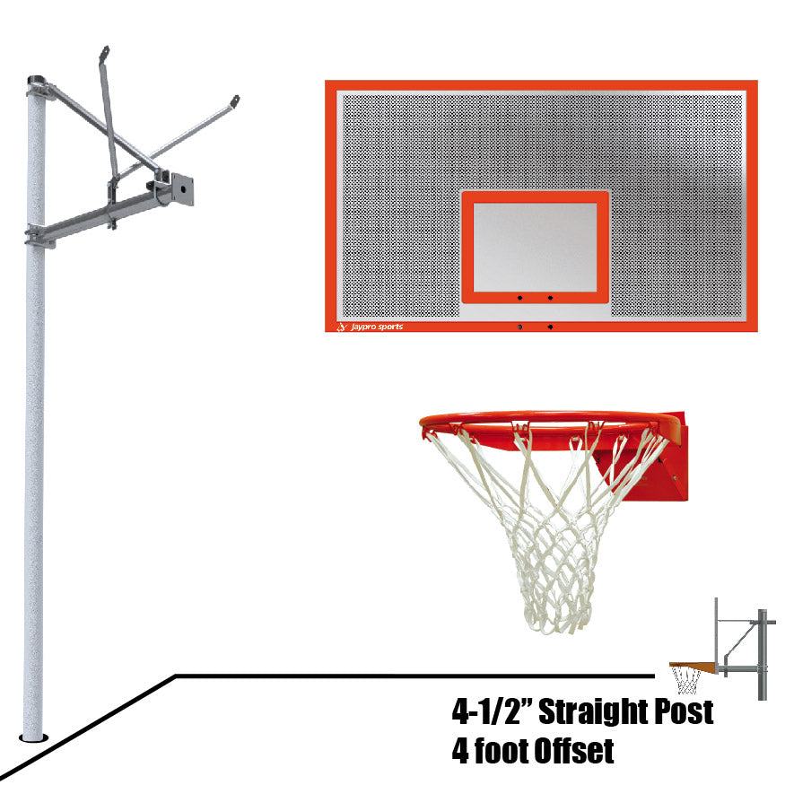 Jaypro Basketball System - Straight Post (4-1/2 in. Pole with 4 ft. Offset) - 72 in. Perforated  Aluminum Backboard - Flex Rim Goal Jaypro