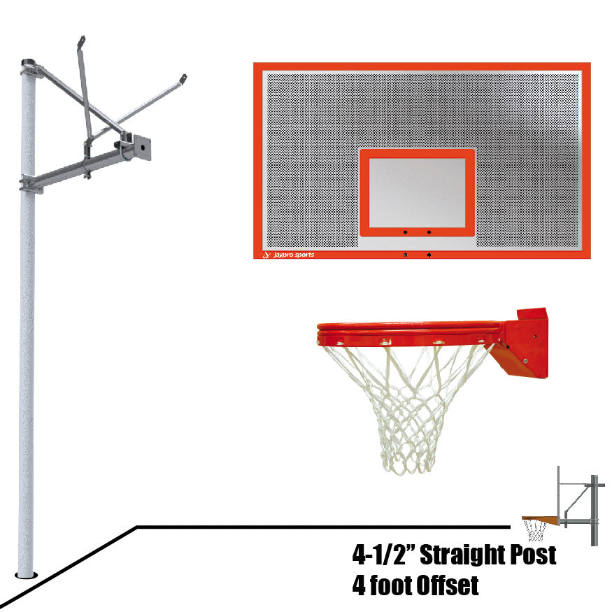 Jaypro Basketball System - Straight Post (4-1/2 in. Pole with 4 ft. Offset) - 72 in. Perforated  Aluminum Backboard - Playground Breakaway Goal Jaypro