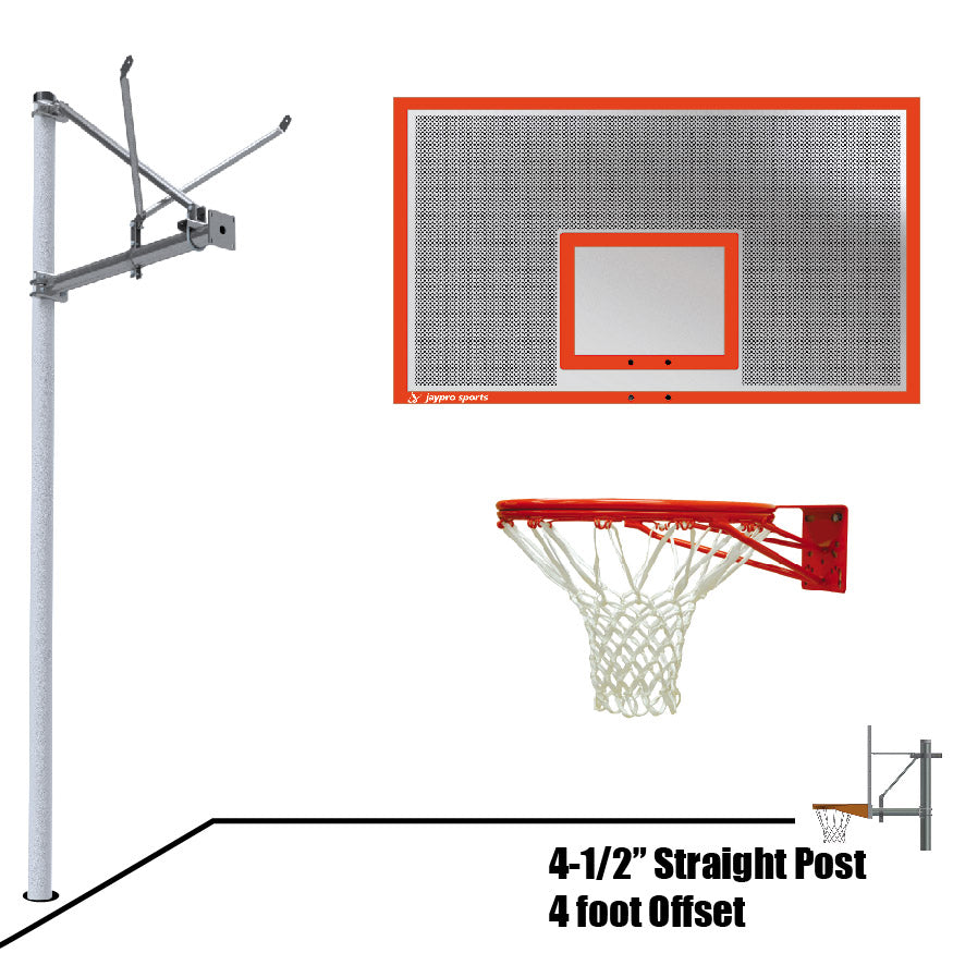 Jaypro Basketball System - Straight Post (4-1/2 in. Pole with 4 ft. Offset) - 72 in. Perforated Steel Backboard - Double Rim Jaypro
