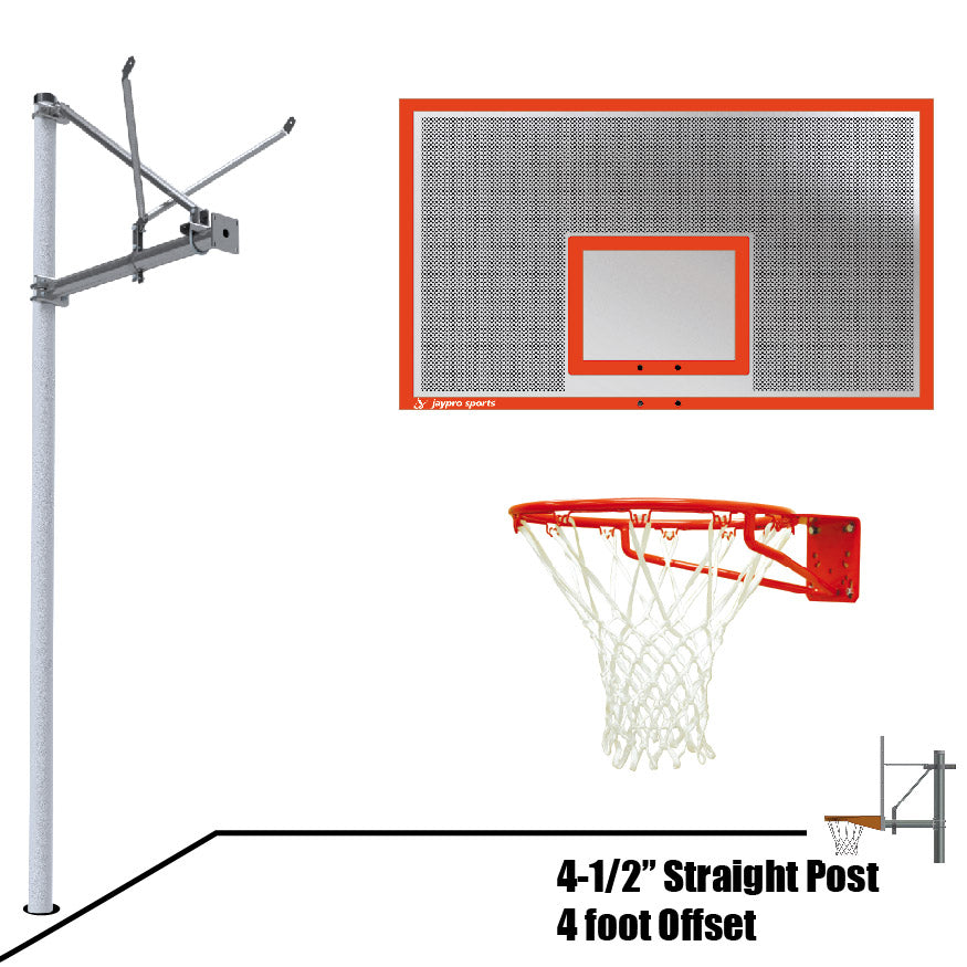 Jaypro Basketball System - Straight Post (4-1/2 in. Pole with 4 ft. Offset) - 72 in. Perforated Steel Backboard - Super Goal Jaypro