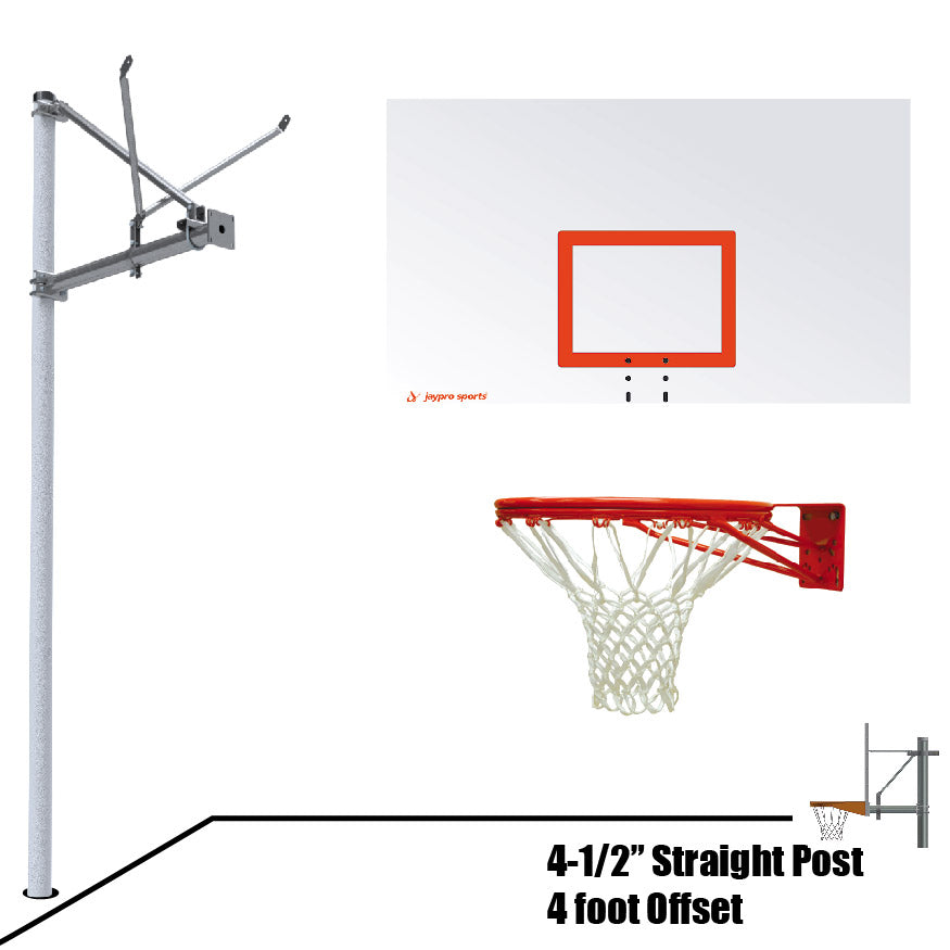 Jaypro Basketball System - Straight Post (4-1/2 in. Pole with 4 ft. Offset) - 72 in. Steel Backboard - Double Rim Jaypro