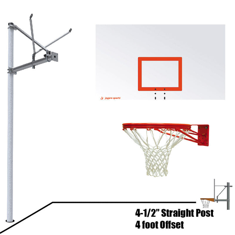 Jaypro Basketball System - Straight Post (4-1/2 in. Pole with 4 ft. Offset) - 72 in. Steel Backboard - Double Rim Jaypro