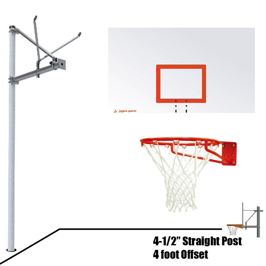 Jaypro Basketball System - Straight Post (4-1/2 in. Pole with 4 ft. Offset) - 72 in. Steel Backboard - Super Goal Jaypro