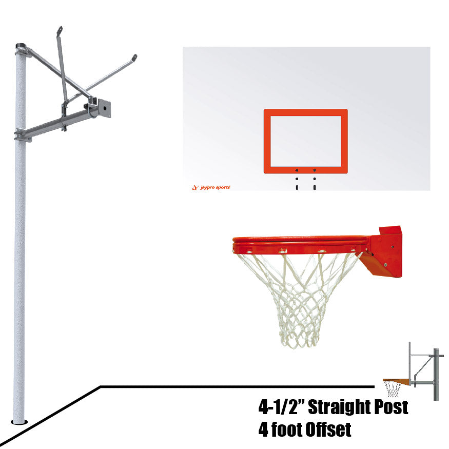 Jaypro Basketball System - Straight Post (4-1/2 in. Pole with 4 ft. Offset) - 72 in. Steel Backboard - Playground Breakaway Goal Jaypro