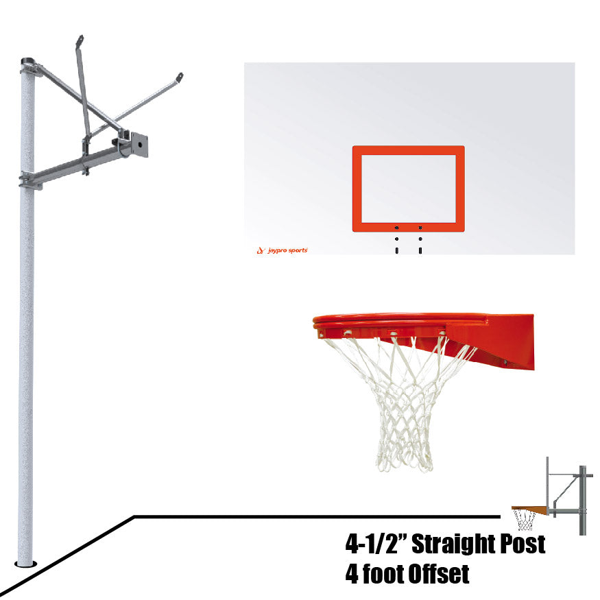 Jaypro Basketball System - Straight Post (4-1/2 in. Pole with 4 ft. Offset) - 72 in. Steel Backboard - Playground Goal Jaypro