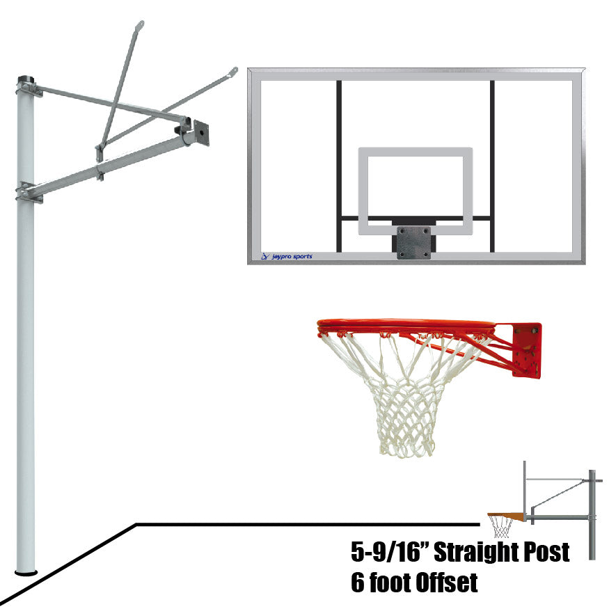 Jaypro Basketball System - Straight Post (5-9/16 in. Pole with 6 ft. Offset) - 72 in. Acrylic Backboard - Double Rim Goal Jaypro