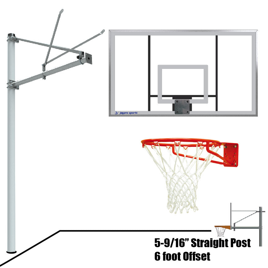 Jaypro Basketball System - Straight Post (5-9/16 in. Pole with 6 ft. Offset) - 72 in. Acrylic Backboard - Super Goal Jaypro