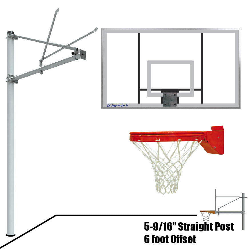 Jaypro Basketball System - Straight Post (5-9/16 in. Pole with 6 ft. Offset) - 72 in. Acrylic Backboard - Playground Breakaway Goal Jaypro