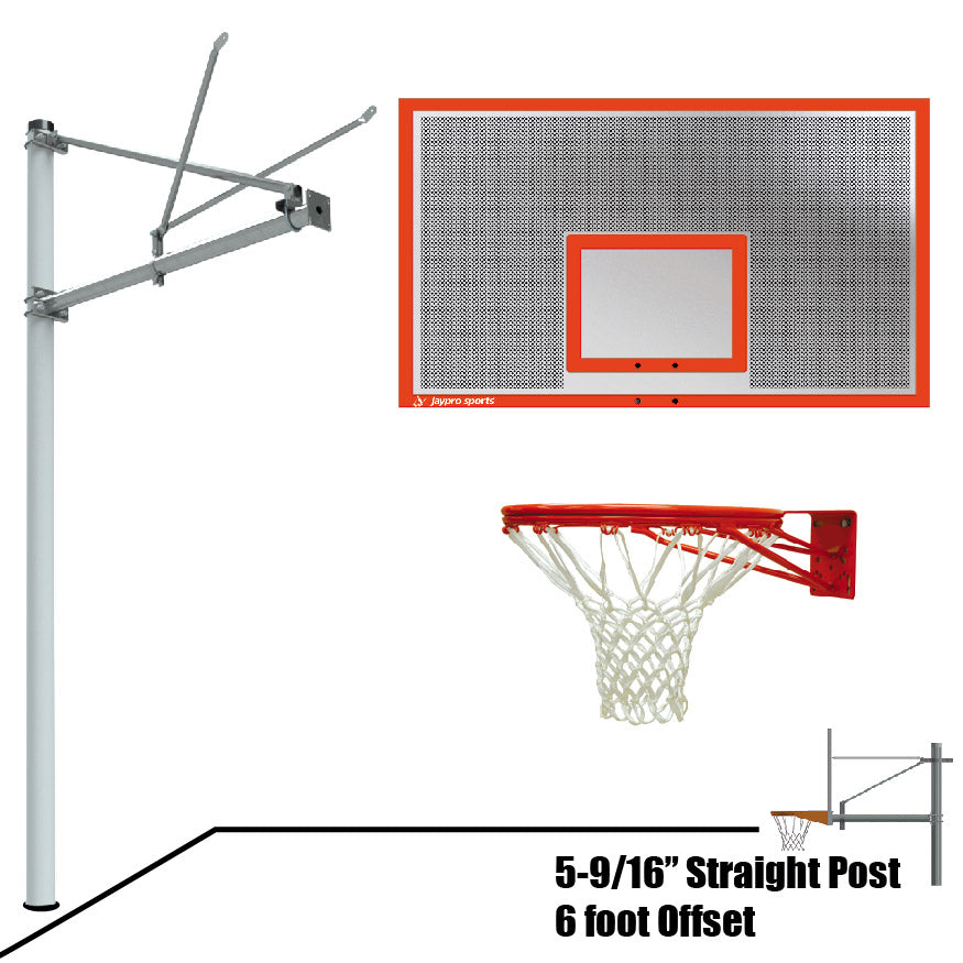 Jaypro Basketball System - Straight Post (5-9/16 in. Pole with 6 ft. Offset) - 72 in. Perforated  Aluminum Backboard - Double Rim Jaypro