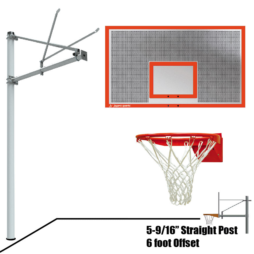 Jaypro Basketball System - Straight Post (5-9/16 in. Pole with 6 ft. Offset) - 72 in. Perforated  Aluminum Backboard - Flex Rim Goal Jaypro