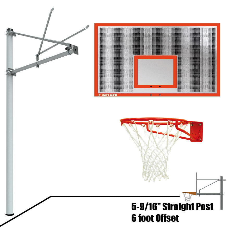 Jaypro Basketball System - Straight Post (5-9/16 in. Pole with 6 ft. Offset) - 72 in. Perforated  Aluminum Backboard - Super Goal Jaypro