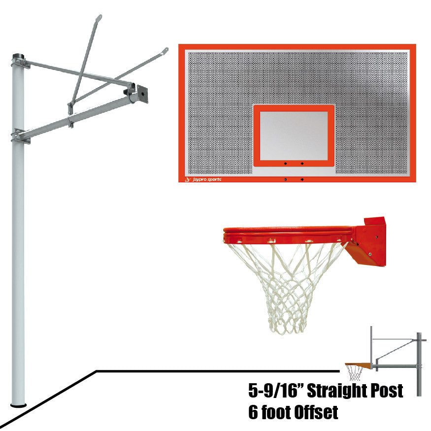 Jaypro Basketball System - Straight Post (5-9/16 in. Pole with 6 ft. Offset) - 72 in. Perforated  Aluminum Backboard - Playground Breakaway Goal Jaypro