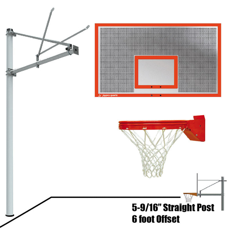 Jaypro Basketball System - Straight Post (5-9/16 in. Pole with 6 ft. Offset) - 72 in. Perforated  Aluminum Backboard - Playground Breakaway Goal Jaypro