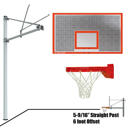 Jaypro Basketball System - Straight Post (5-9/16 in. Pole with 6 ft. Offset) - 72 in. Perforated  Aluminum Backboard - Playground Breakaway Goal Jaypro