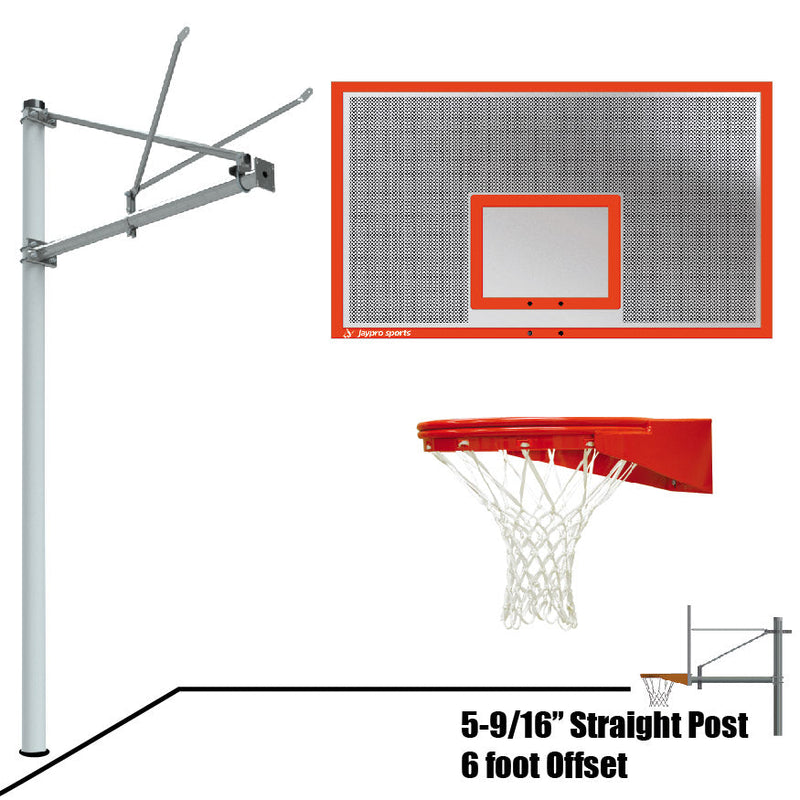 Jaypro Basketball System - Straight Post (5-9/16 in. Pole with 6 ft. Offset) - 72 in. Perforated  Aluminum Backboard - Playground Goal Jaypro
