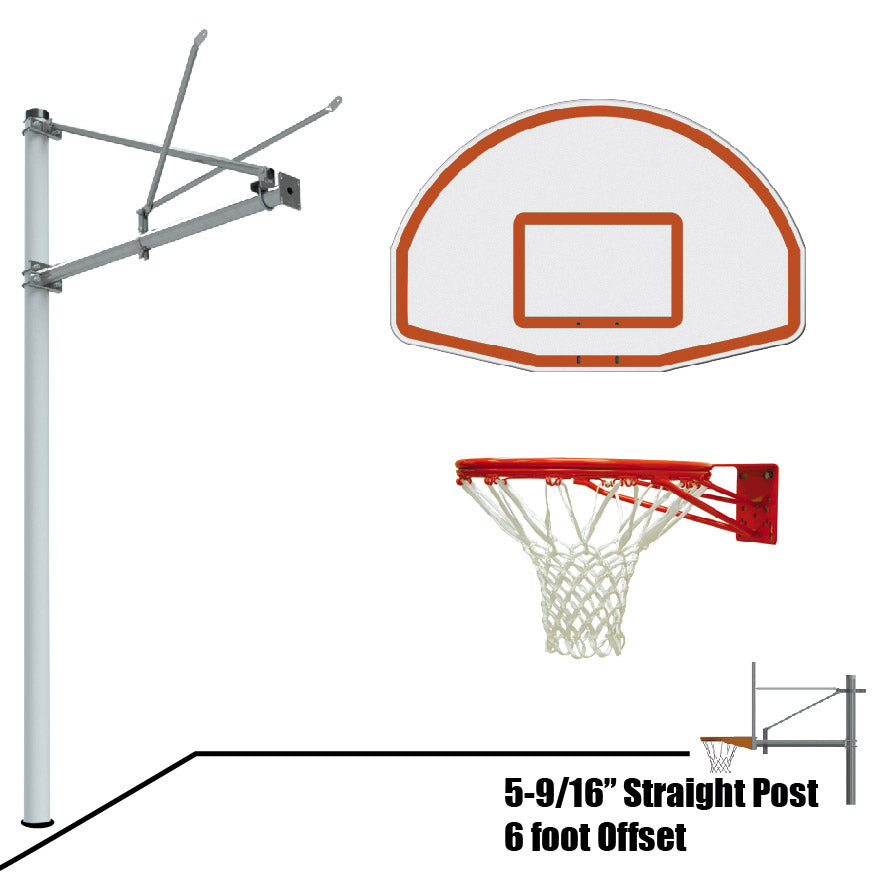 Jaypro Basketball System - Straight Post (5-9/16 in. Pole with 6 ft. Offset) - 54 in. Aluminum Fan Backboard - Double Rim Jaypro