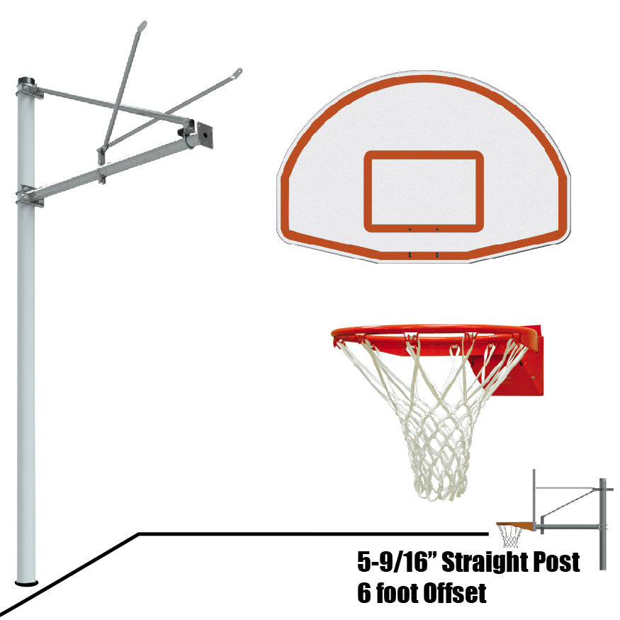 Jaypro Basketball System - Straight Post (5-9/16 in. Pole with 6 ft. Offset) - 54 in. Aluminum Fan Backboard - Flex Rim Goal Jaypro