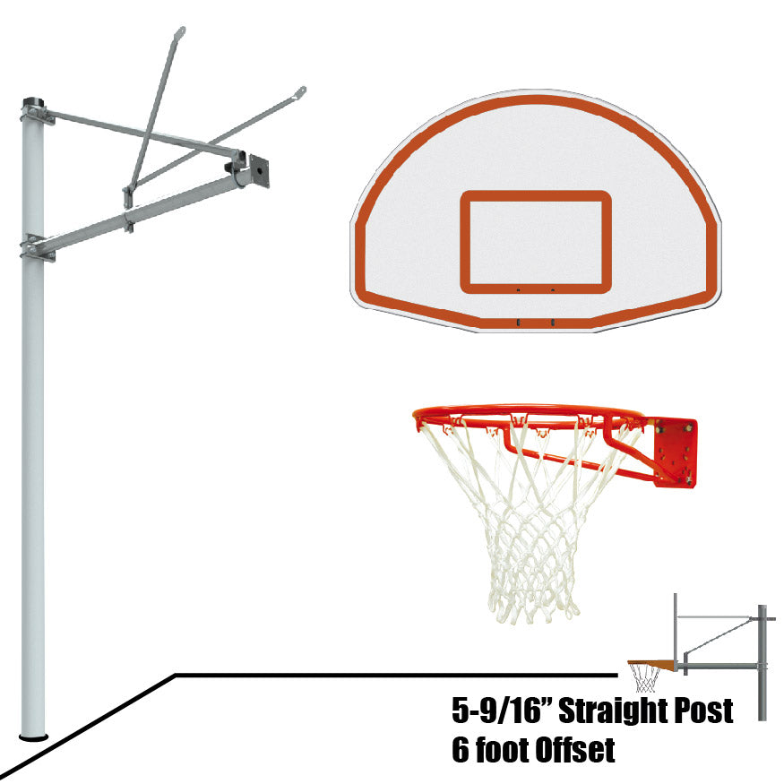 Jaypro Basketball System - Straight Post (5-9/16 in. Pole with 6 ft. Offset) - 54 in. Aluminum Fan Backboard - Super Goal Jaypro