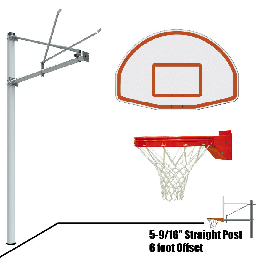 Jaypro Basketball System - Straight Post (5-9/16 in. Pole with 6 ft. Offset) - 54 in. Aluminum Fan Backboard - Playground Breakaway Goal Jaypro