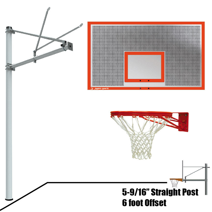 Jaypro Basketball System - Straight Post (5-9/16 in. Pole with 6 ft. Offset) - 72 in. Perforated  Steel Backboard - Double Rim Jaypro