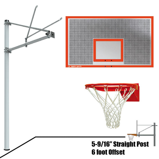 Jaypro Basketball System - Straight Post (5-9/16 in. Pole with 6 ft. Offset) - 72 in. Perforated  Steel Backboard -Flex Rim Goal Jaypro