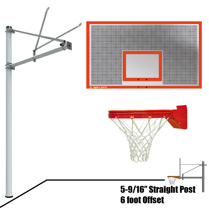 Jaypro Basketball System - Straight Post (5-9/16 in. Pole with 6 ft. Offset) - 72 in. Perforated  Steel Backboard - Playground Breakaway Goal Jaypro