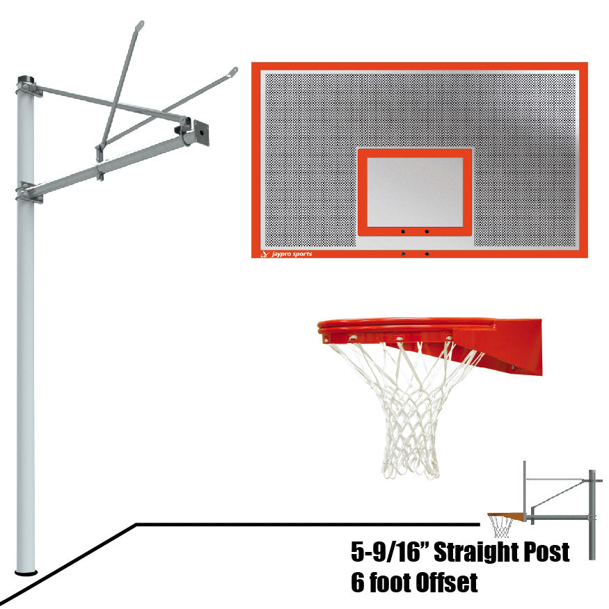 Jaypro Basketball System - Straight Post (5-9/16 in. Pole with 6 ft. Offset) - 72 in. Perforated  Steel Backboard - Playground Goal Jaypro