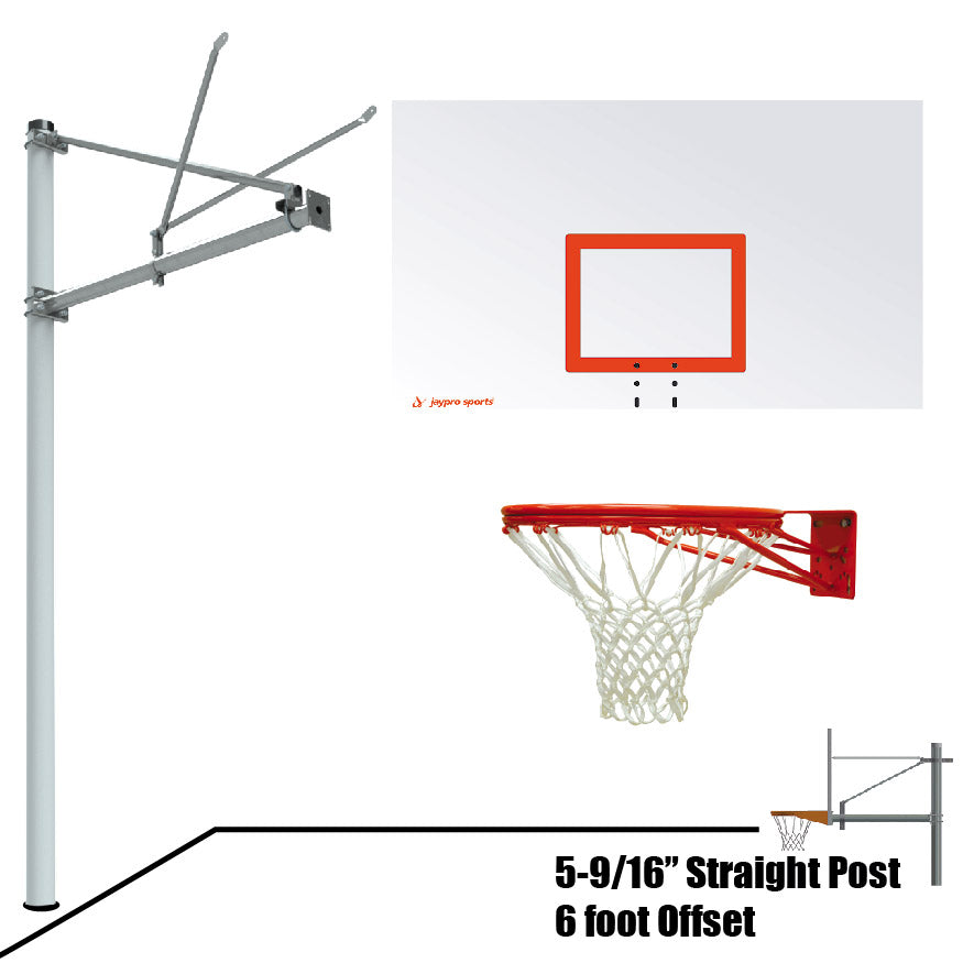 Jaypro Basketball System - Straight Post (5-9/16 in. Pole with 6 ft. Offset) - 72 in. Steel Backboard - Double Rim Jaypro