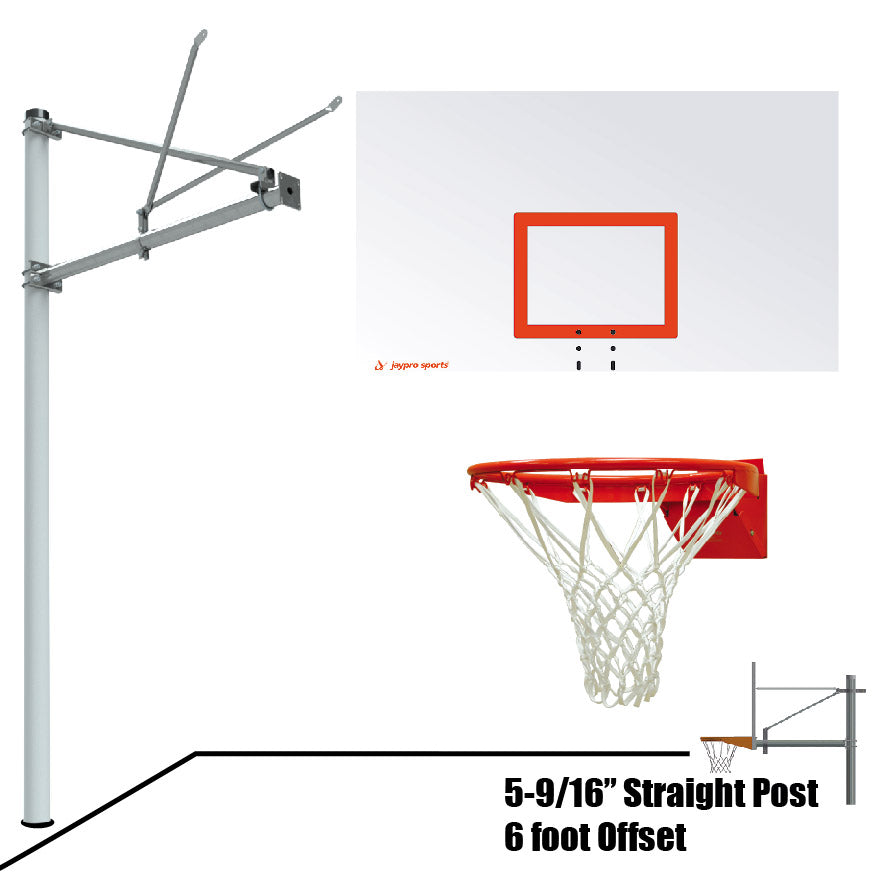 Jaypro Basketball System - Straight Post (5-9/16 in. Pole with 6 ft. Offset) - 72 in. Steel Backboard - Flex Rim Goal Jaypro