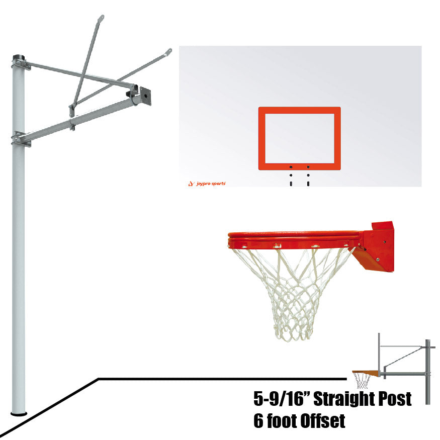 Jaypro Basketball System - Straight Post (5-9/16 in. Pole with 6 ft. Offset) - 72 in. Steel Backboard - Playground Breakaway Goal Jaypro