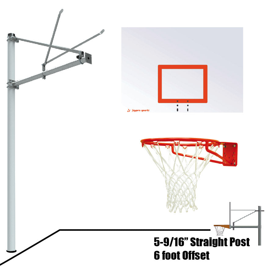 Jaypro Basketball System - Straight Post (5-9/16 in. Pole with 6 ft. Offset) - 60 in. Steel Backboard - Super Goal Jaypro