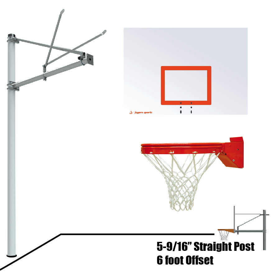 Jaypro Basketball System - Straight Post (5-9/16 in. Pole with 6 ft. Offset) - 60 in. Steel Backboard - Playground Breakaway Goal Jaypro
