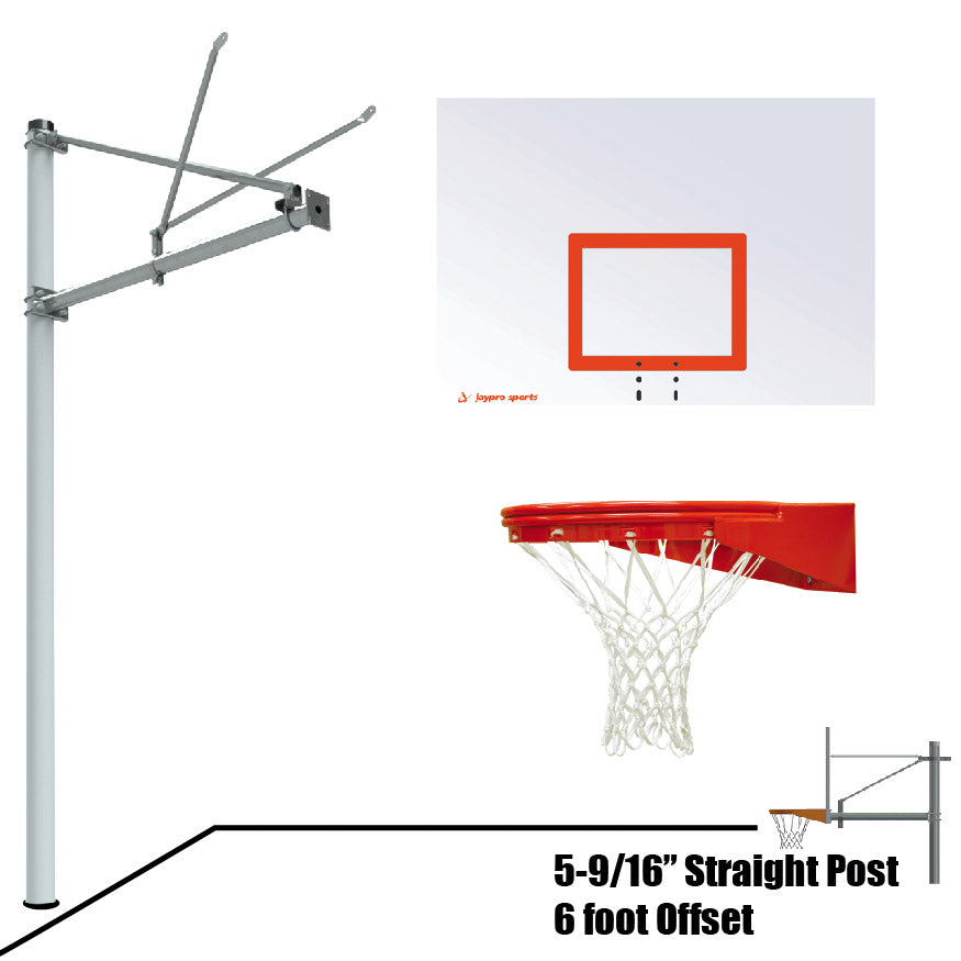 Jaypro Basketball System - Straight Post (5-9/16 in. Pole with 6 ft. Offset) - 60 in. Steel Backboard - Playground Goal Jaypro