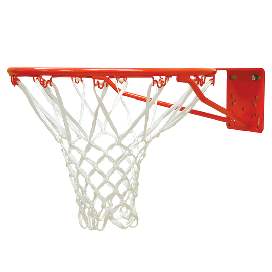 Jaypro orange basketball rim with white net and heavy-duty mounting bracket