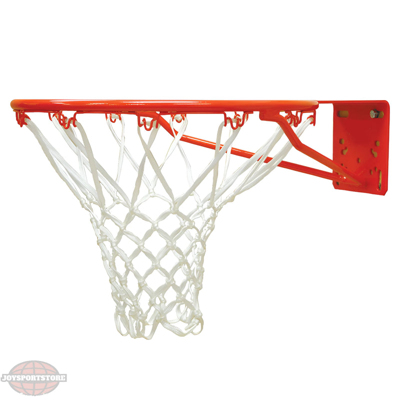 Jaypro orange basketball rim with white net and heavy-duty mounting bracket
