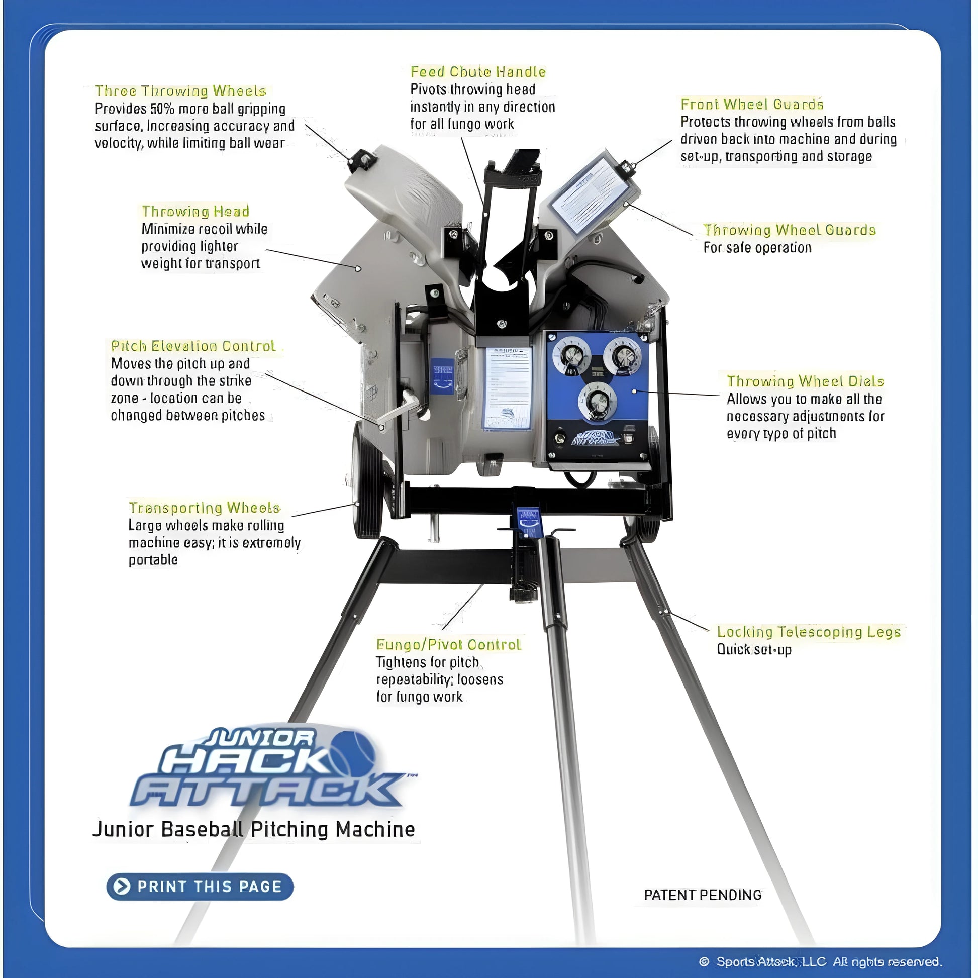 Sports Attack Pitching Machine with adjustable pitch settings and transportable design for baseball training