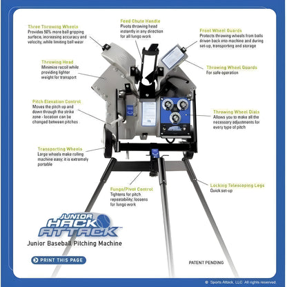Sports Attack Pitching Machine with adjustable pitch settings and transportable design for baseball training