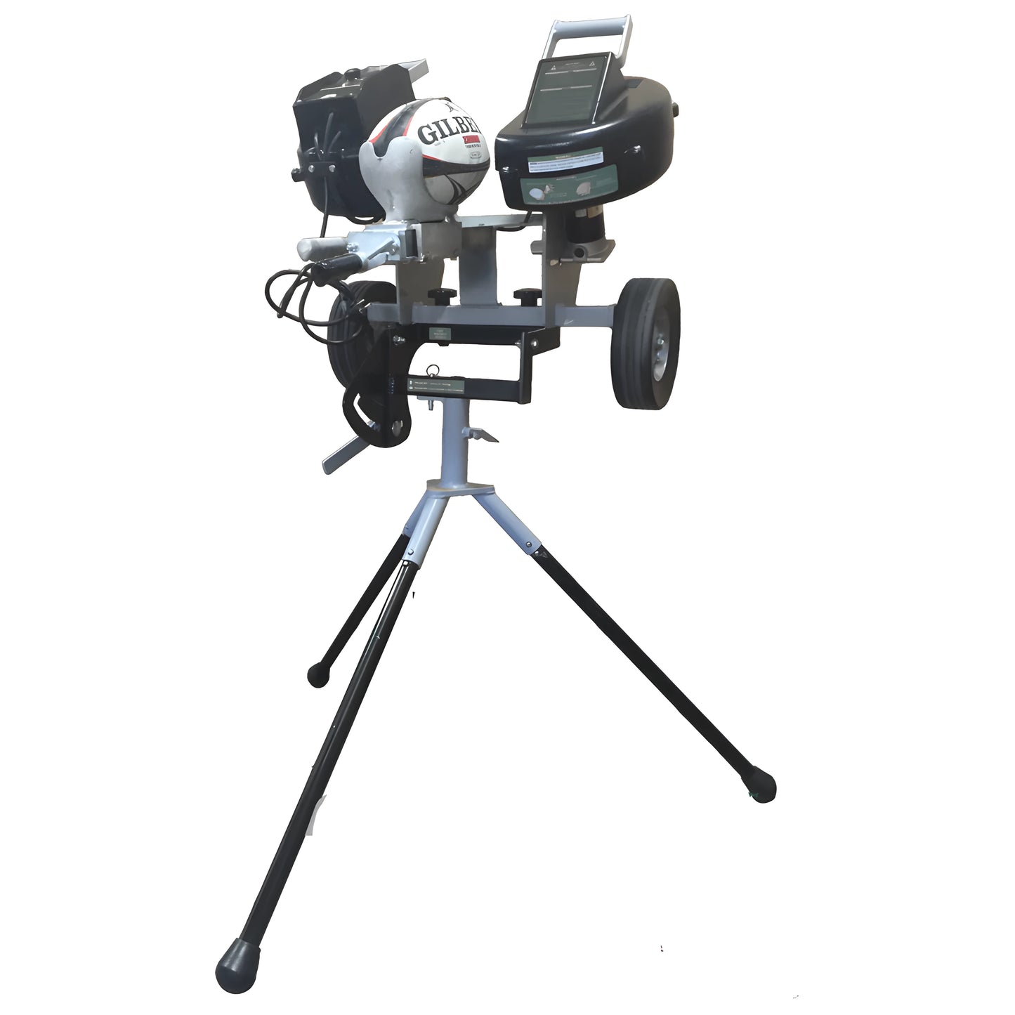 Sports Attack Rugby Machine on a sturdy tripod with a ball launcher and speed control for training sessions