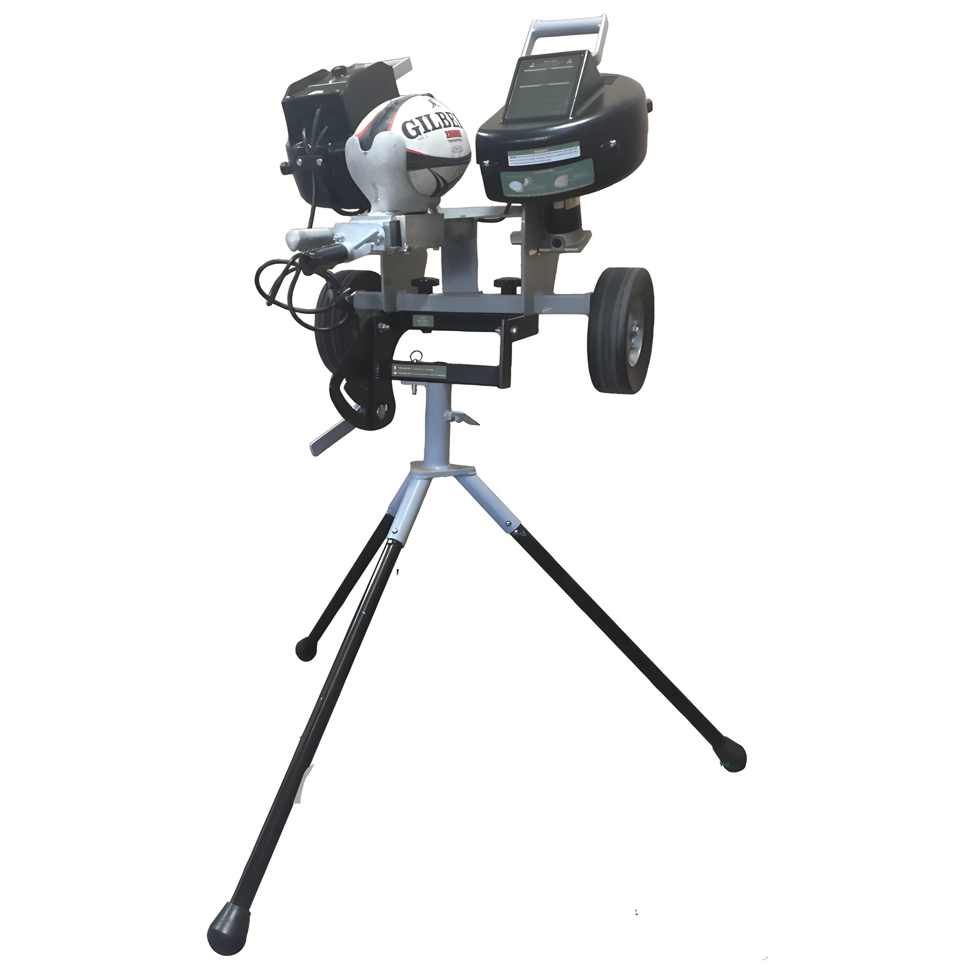 Sports Attack Rugby Machine on a sturdy tripod with a ball launcher and speed control for training sessions