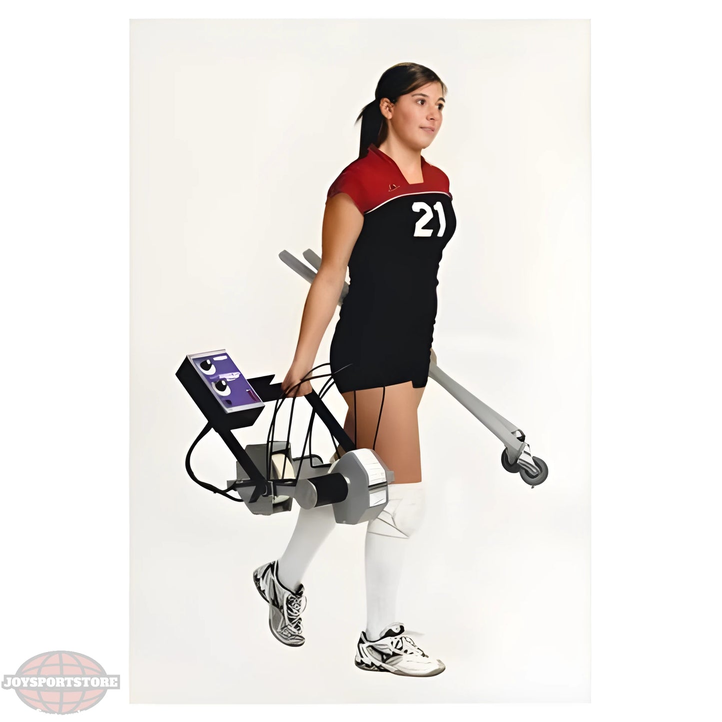 Female athlete carrying a Sports Attack Skill Machine for training and skill development in sports