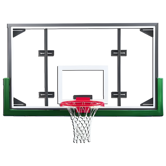 Gared basketball backboard with clear glass, black frame, green padding, and red rim with net