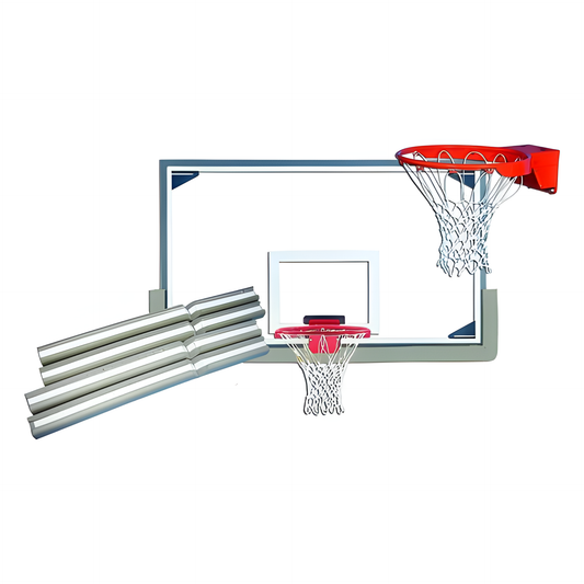 Gared basketball backboard with clear glass, red rim, and white net for outdoor and indoor use
