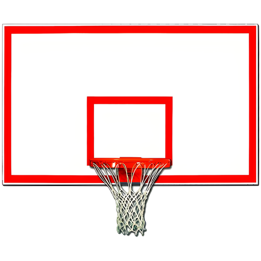 Gared basketball backboard with red and white design and attached hoop with net